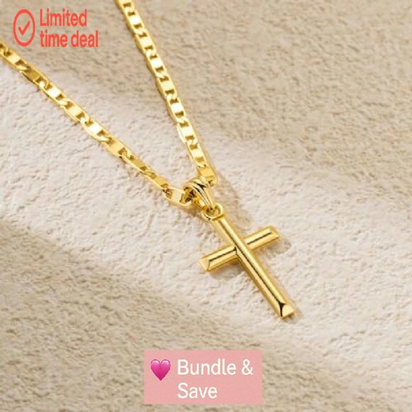 14K Gold Cross Pendant Necklace 26mm Minimalist Faith Chain - Picture 7 of 8